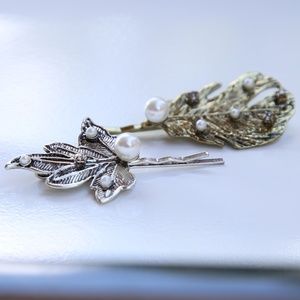 2NWT ANTIQUE OXIDIZED GOLD & SILVER PEARL HAIRPINS